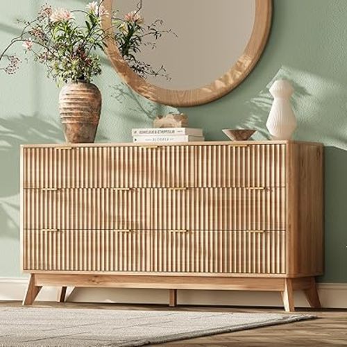 Cómoda de 54 pulgadas de ancho con 7 cajones para dormitorio, moderna cómoda vertical acanalada con esquinas redondeadas, cómoda acanalada para sala de estar, pasillo, roble