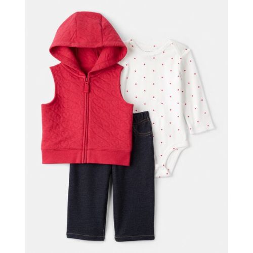 Baby Girl 3-Piece Heart Quilted Vest Outfit Set - Red - Carter's | Carter's