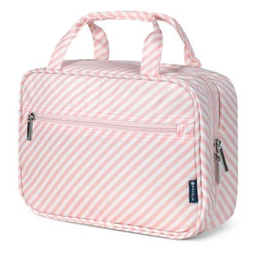 PAVILIA Hanging Toiletry Bag Travel Women Men, Foldable Cosmetic Organizer, Water Resistant Makeup Accessories Essentials Kit (Pink Stripe)