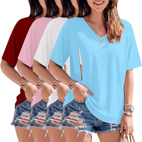 4 Pack Women's Oversized Nursing Shirts for Breastfeeding Hidden Zipper Short Sleeve Loose Fit Maternity Tops