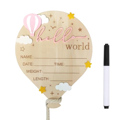 Baby Announcement Sign, ​5.9 Inch Wooden Hello World Newborn Signs, Birth Announcement Sign, Hot Air Balloon and Stars Decoration, Welcome Newborn Arrival To World, Hospital Nursery for Baby (Pink)