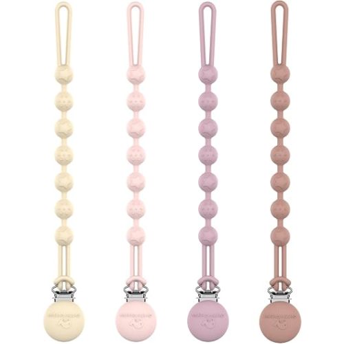 Cuddle Campus Silicone Pacifier Clip Holder with One Piece Design,Soft Flexible Binky Clips with Texture for Baby Boy and Girl Pack of 4(6m+)