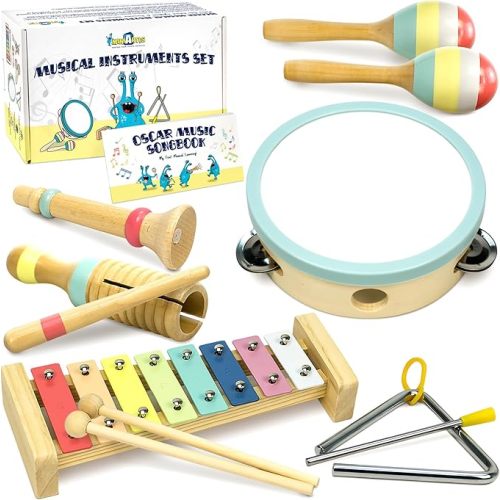 MINIARTIS Baby Musical Instruments Set - Montessori Musical Toys for Toddlers 1-3 | Modern Boho Kids Xylophone with Songbook | Neutral Colors Wooden Percussion Instruments | Preschool Educational 3+