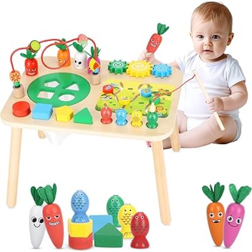 Activity Table for 1+ Year Old Girls Boys, 7-in-1 Wooden Montessori Toys, Activity Center, Baby Toddler Sensory Toys Kids First Birthday Gift
