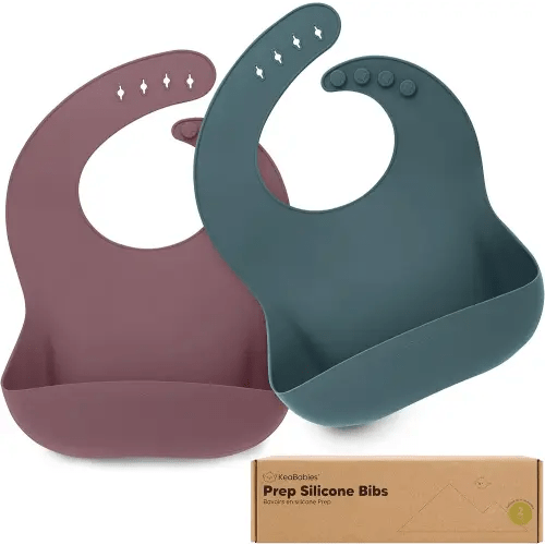 KeaBabies 2-Pack Silicone Baby Bibs for Eating - Sturdy Food-Grade Silicone Bibs for Babies Girl, Boy, Large Food Catcher, Clean & Put On Easily, Waterproof Toddler Feeding Essentials (Rocky)