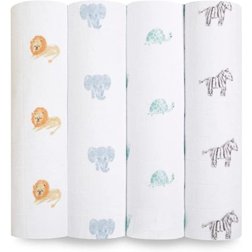 aden + anais Boutique Organic Swaddle Blanket 4-Pack – 100% Organic Cotton Muslin, Large, Soft, Breathable Receiving Blankets for Infants – Lightweight Multi-Use Baby Swaddles, Animal Kingdom