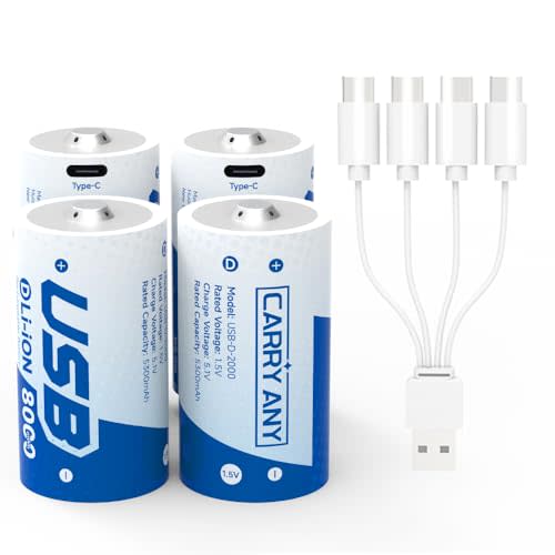 Rechargeable D Lithium Batteries 4 Pack, 1.5V D/LR20 Cell Batteries with USB-C Charging Cable, 8000mWh High Capacity, 1600+ Cycles Li-ion Battery for High-Drain & Outdoor Devices