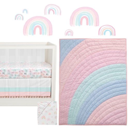 Lambs & Ivy Watercolor Pastel Pink/Mint Rainbow 5-Piece Baby Crib Bedding Set