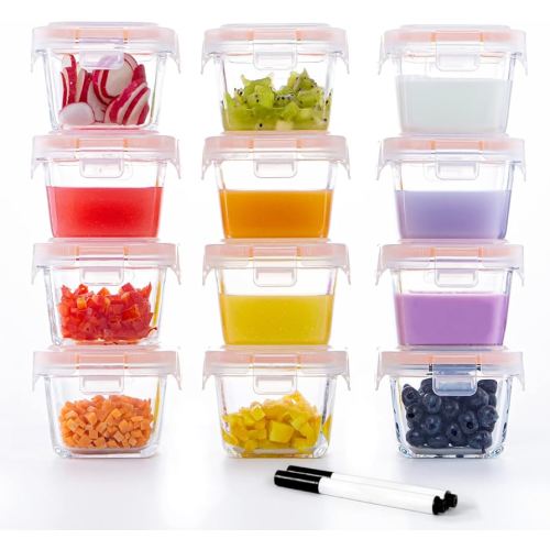 Luvan 6oz Baby Food Storage Containers, 12-Pack Baby Food Jars with Lids LeakProof, Baby Food Containers Glass Stackable, Freezer/Microwave/Dishwasher Safe, Ideal for Fruit Purees and Vegetable Mashes