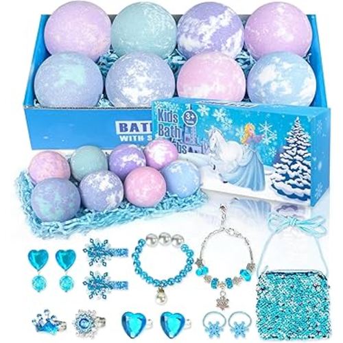 Bath Bombs for Kids with Surprise Inside, 8 Pack Bath Bombs with Frozen Toys, Princess Jewelry & Cross-Body Bag, Natural Fizzy Bubble Bath Balls with Jewelry Set, Christmas Birthday Gift for Girls
