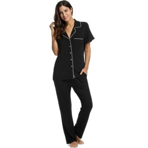 Avidlove Women Pajamas Set Notch Collar Soft Sleepwear Pjs Short Sleeve Button Down Nightwear with Long Pants-Black-S
