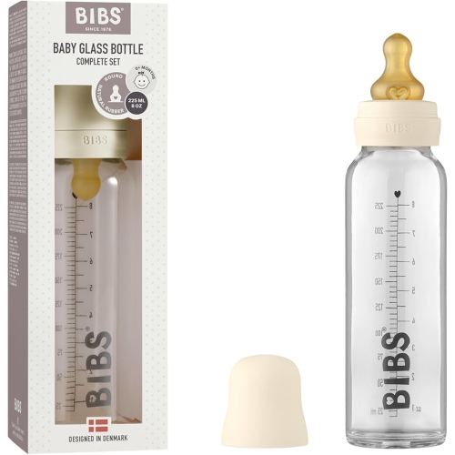 BIBS Baby Glass Bottle Complete Set 225 ml | BPA Free Natural Rubber | Made in Denmark | Ivory