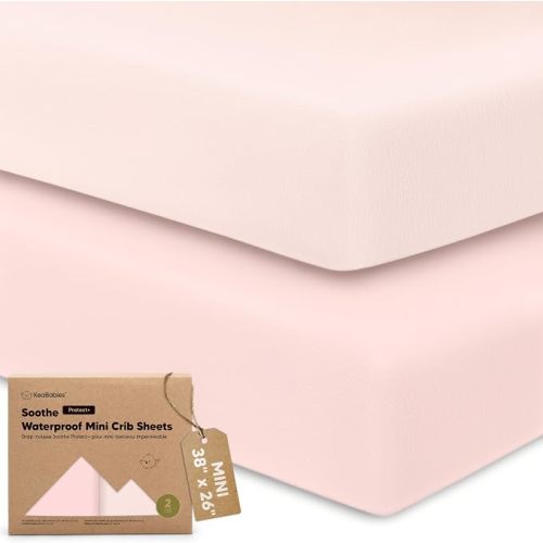 2 Pack and Play Sheets, Waterproof Mini Crib Sheet Fitted 38x26 (Mist Rose) | Organic Cotton, Pack N Play Sheets for Graco Pack and Play Mattress, Toddler Playard Baby Crib Sheet, Neutral for Boys, Girls