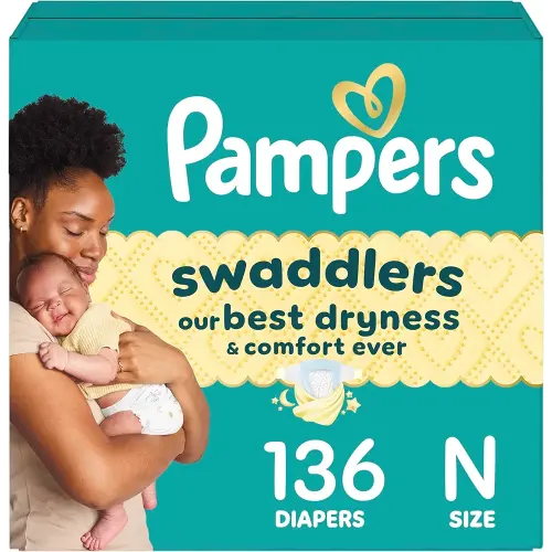 Pampers Swaddlers Diapers, Size 0, Absorbent, Keeps Baby Dry and Comfortable, Skin Safe Disposable Baby Diaper, 1 Pack (Count of 136)