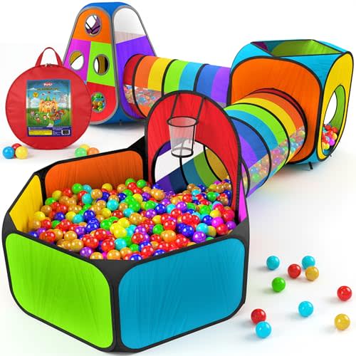 Playz 5pc Pop Up Play Tent and Crawl Through Tunnels for Kids w/Carry Bag | Ball Pit for Toddlers with Play Tunnels, Baby Tents Indoor playground for age 3+ Boys and Girls [Pit balls not included]