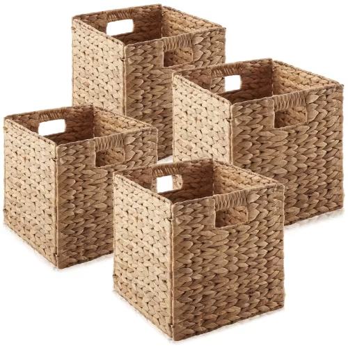 Casafield 13" x 13" Water Hyacinth Storage Baskets, Cinnamon - Set of 4 Collapsible Cubes, Woven Bin Organizers for Bathroom, Bedroom, Laundry