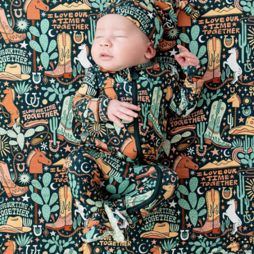 Bamboo Footie Zipper Baby Pajama - Western Cowboy Bamboo Onesie Sleeper - I Love Our Time Together Affirmation – Raising Mama