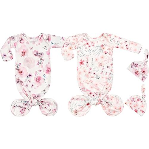 Newborn Baby Boy Long Sleeve Sleeper Gown with Mittens Knotted Gown Coming Home Outfit Nightgown Hat Set 2 Pieces