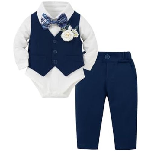 Coco&RARA Baby Boy Clothes Suits Infant Gentleman Outfits, Formal Dress Shirt+Vest+Corsage+tie+Pants Baby Suit Set 0-18M