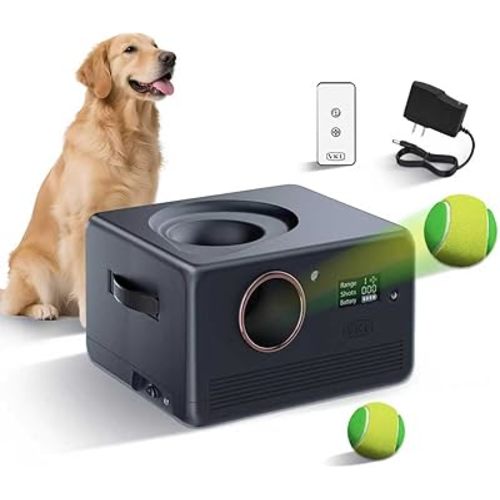 VKL Automatic Dog Ball Launcher Pro & Tennis Ball Thrower with Remote Control, Display Screen,10/20/28ft Distances, Dual Storage, Auto-Stop on Obstacle for Medium/Large Dogs