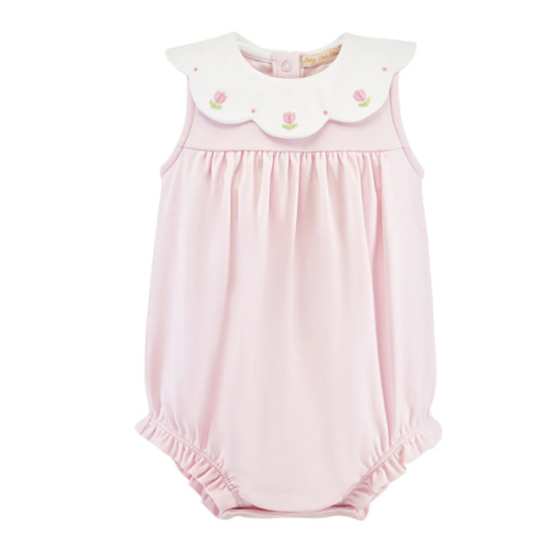 Embroidered Tulips Pink Bubble with Scalloped Collar