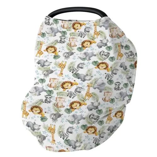 Jungle Friends Baby Car Seat Covers Safari Lion Giraffe Elephant Tropical Leaves Stretchy 5-in-1 Cover Adjustable Infant Carseat Cover Canopy Watercolor African Animals Breathable Nursing Cover-Up