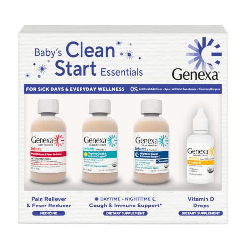 Genexa Baby’s First Medicine Cabinet, 4-Pack Gift Set – Infant Pain Relief & Fever Reducer, Organic Baby Cough Syrup and Vitamin D 400 IU, Dye-Free Baby Health Essentials for Infants & Toddlers