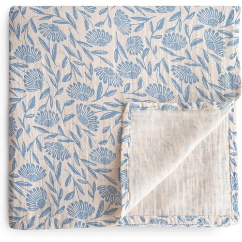 mushie Muslin Baby Swaddle Blanket (Blue Flowers)