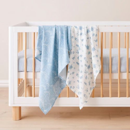 ADAIRS Whale Wonder White & Blue Cotton Muslin Baby Swaddles 2pk
