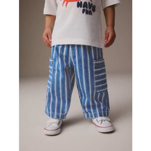 Mid Blue Stripe Wide Leg Pull On Cargo 100% Cotton Jeans (3mths-7yrs)
