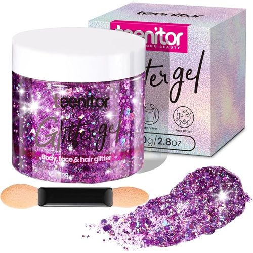 Teenitor Body Glitter, Face Glitter, Hair Glitter Gel, 80g/2.8oz Makeup Rave Purple Glitter Gel for Face and Body
