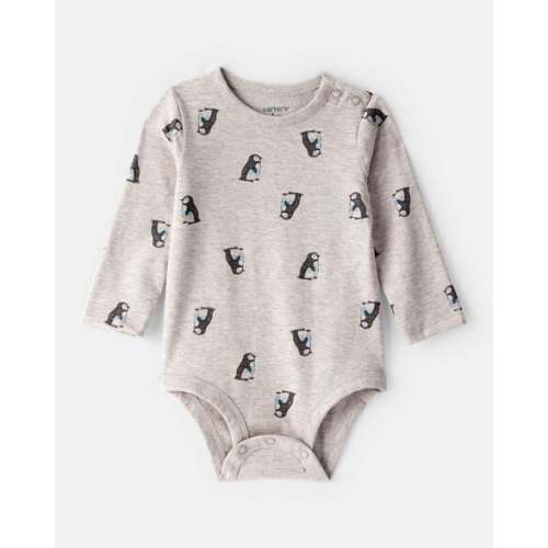 Baby Penguin Print Long-Sleeve Graphic Bodysuit - Grey | Carter's