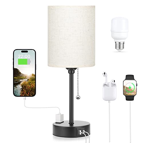 Small Bedside Table Lamp for Bedroom - Desk Lamp with USB Ports for Dorm | USB A+C Ports, AC Outlet, 3 Color Temperatures, LED Bulb Included, 14" Night Stand Lamp