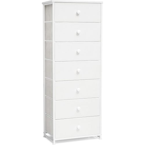 Crestlive Products Tall Dresser, 7-Drawer Fabric Storage Tower, Chests of Drawers - Vertical Organizer Unit for Bedroom, Hallway, Entryway, Nursery, Closets - Steel Frame, Wood Top & Handles (White)
