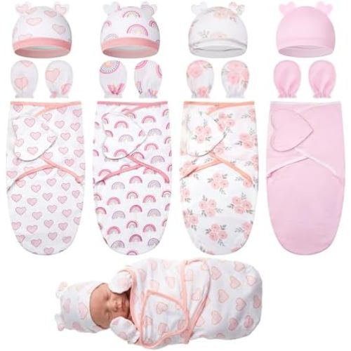 Ramede 4 Pack Baby Swaddle Blanket with Hats & Mittens, Preemie Swaddle Set for Baby Adjustable Infant Outfit for 0-3 Months