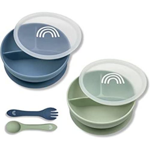 Hippypotamus Suction Bowls with Lids & Utensils - Baby & Toddler - 100% Food-Grade Silicone Divided Bowls - BPA Free - Dishwasher Safe - Set of 2 (Sage/Fog)