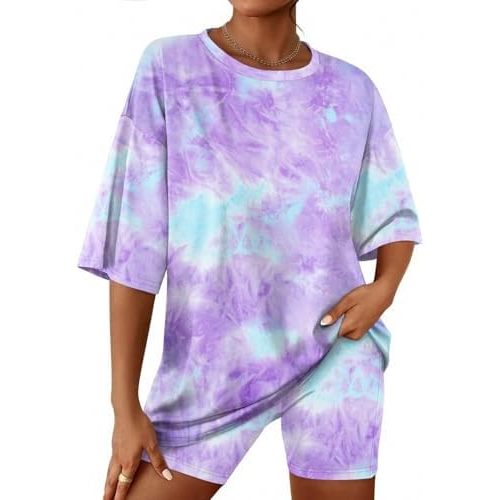 Ekouaer Women 2 Piece Lounge Sets Moisture Wicking Summer Outfits 2026 Oversized T-Shirt and Biker Short Matching Sets