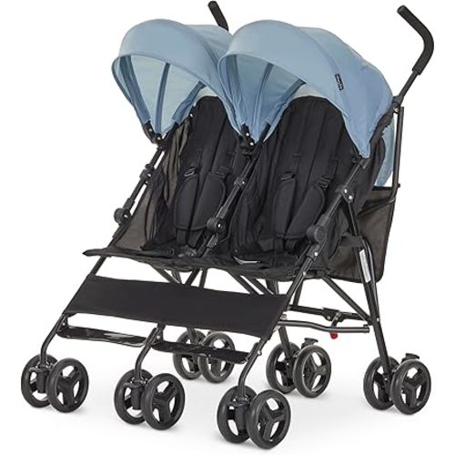Dream On Me Twin Venture Umbrella Stroller in Light Blue, Multi Backrest Positions, Adjustable & Removable Canopy Double Stroller, 360°Swivel Wheels with Locks