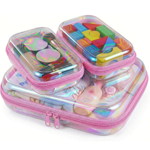 3Pcs Clear Hard Shell Zipper Case, TSA Approved Toiletry Bags with Iridescent Scratch-Proof Surface, Waterproof Cosmetic Bag Makeup Case Travel Organizer Pouches for Diapers, Toys Storage, 2S+1M