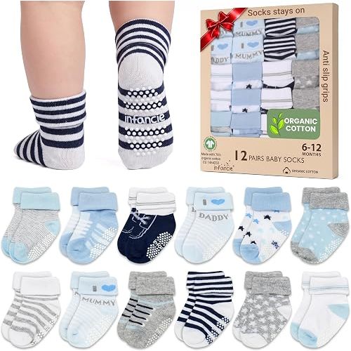 infancie GOTS Certified Organic Cotton Rich Blend Baby Socks 12 Pairs For 6-12 (M) Baby Boy Soft, Stretchable & Comfortable Grip Sock, Premium Newborn Baby Sock, Gift For Little Boys, Blue