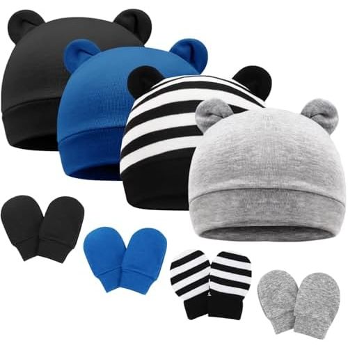 Newborn Baby Hat and Mittens Set Bear Ears Toddler Infant Beanie Caps Newborn Hospital Hat for Baby Boy Girl 0-3 Months