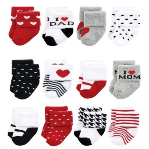 Hudson Baby Basics Infant Baby Cozy Terry Baby Sock 12-Pack, Ruby and Jet Hearts, 0-6 Months