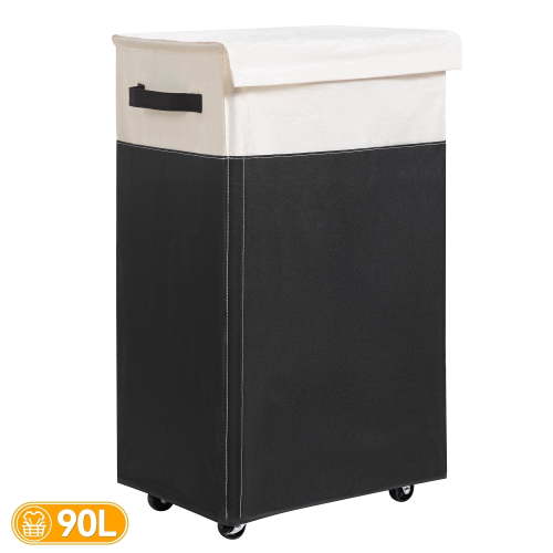 BGTREND Laundry Hamper with Lid and Wheels, 90L Collapsible Rolling Laundry Basket, 27.6 inch, Black