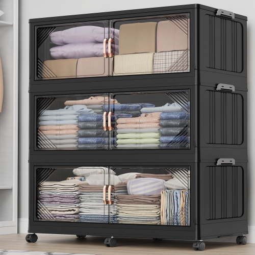 Broview 175Gal Plastic Stackable Storage Bins with Lid, 700QT Extra Large Containers With Drawers, Folding Closets with 6x Wheels, Collapsible Cabinets Organizers for Home Office, 3Pack Black, V60