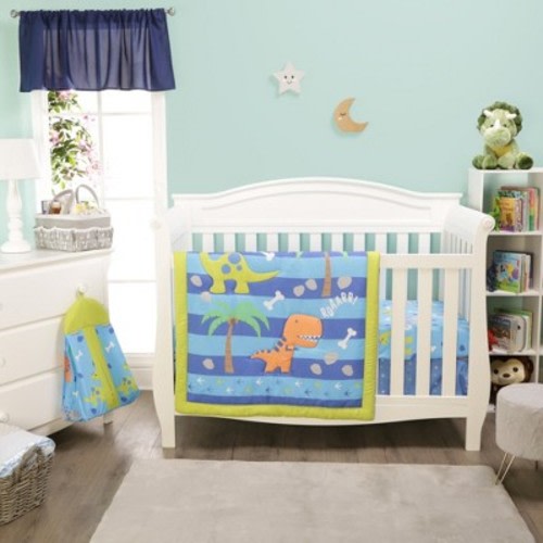 Everyday Kids Dinosaur 4-Piece Crib Bedding Set – Includes Quilt, Sheet, Dust Ruffle & Diaper Stacker – Triceratops & T-Rex Design for Boys
