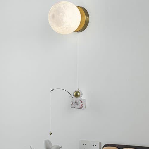 Cute Moon & Astronaut Wall Sconce - Modern Cordless 3D Printed Wall Light for Kids Room, Bedroom, Living Room with Brass Mount | 5.9" Moon Shade & 15cm Astronaut | G9 Lamp Base