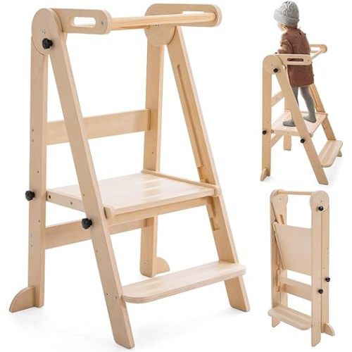 Foldable Toddler Tower - Kitchen Step Stool Helper for Kids 1-6 Years, Montessori Toddler Standing Tower with 3 Adjustable Height for Kitchen Counter Bathroom