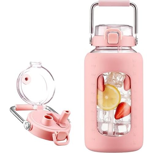 BLUEGO 84oz Glass Water Bottles with Sturdy Stainless Steel Handle, Large Water Bottle with Straw Sip & Chug Lid, 2.5L Water Jug Silicone Sleeve with Time, Daily Travel Sports, Pink