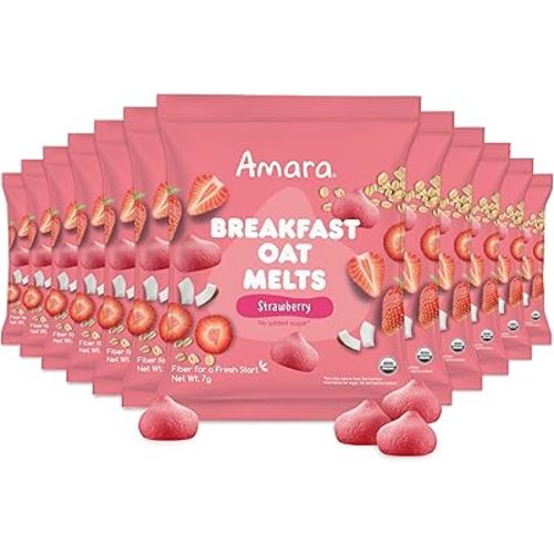 Amara Breakfast Oat Melts - Organic Toddler Snack - Single Serve Fiber-Packed Oat Bites with Real Fruit, No Added Sugar, Quick Dissolving, Strawberry - 12 Pack