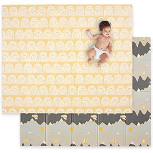 JumpOff Jo - Large Waterproof Foam Padded Play Mat for Infants, Babies, Toddlers, Play Pens & Tummy Time, Foldable Activity Mat, 70 in. x 59 in. - Hot Air Balloons & Yellow Rainbow